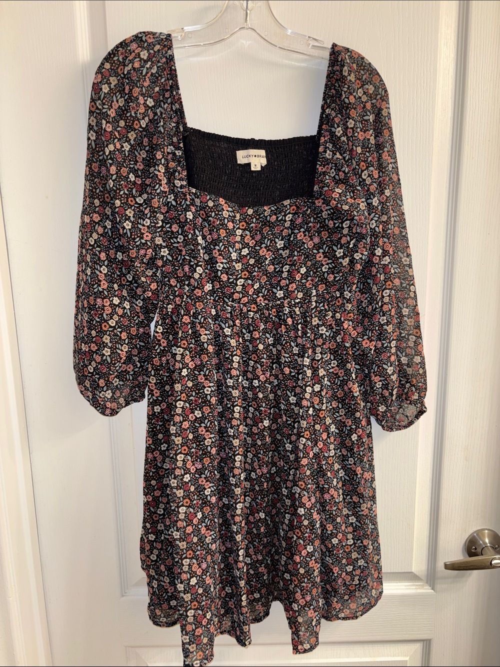 Lucky Brand Black Floral Square-Neck Mini Dress Long Sleeve